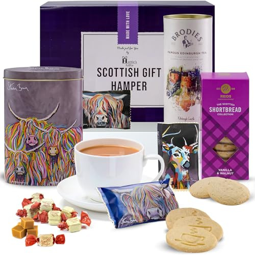 Hattie’s Gifts Afternoon Tea Hamper, Premium Scottish Gifts for Women & Men | Brodies Tea, Shortbread and Ross & Claire McCoo Steven Brown Art Tin Luxury Vanilla Fudge