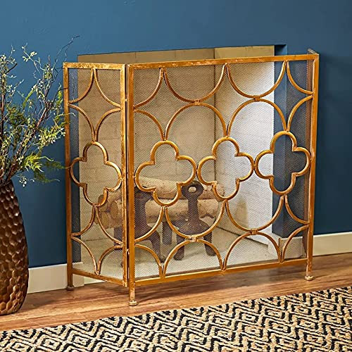 JUNNIU Pare-feu Pliable doré, écran de cheminée en Acier Massif à 3 Panneaux doré, clôture de Foyer en Fer forgé Robuste pour intérieur et extérieur, 35,4 Pouces de Haut Decoration