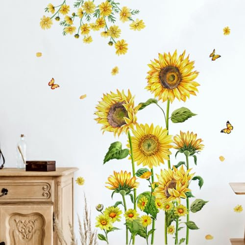 Runtoo Wandtattoo Sonnenblume Groß Wandsticker Garten Blumen Schmetterling Wandaufkleber Wohnzimmer Schlafzimmer Kinderzimmer Babyzimmer Wanddeko