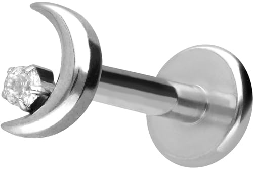 PIERCINGLINE Titan Labret mit Gewinde + Titan Aufsatz MOND + KRISTALL Piercing Ohr Helix Tragus Nase 1,2 x 7 mm silberfarben