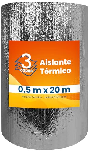 PILBELLES Aislante Térmico Reflexivo de Aluminio y Burbujas 0.5x20m(10 m²) | Triple Capa | Ventanas, Radiadores, Cajón Persianas, Puertas, Camper, Buhardilla, Uso Industrial, Viviendas