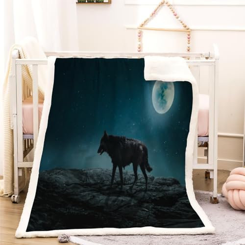 Wolf Mond Fleece Flauschig Kuscheldecke für Mädchen Jungen Tier Sofa Sherpa Decke Warme Kinderdecke Wohndecke für Bett Klimaanlage Decke Nap Decke Babydecke Winter Blanket 100x130cm