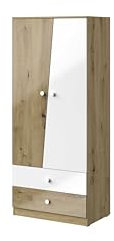 MINIO go for it - Kleiderschrank Nantes, 80x190x50 cm, Schrank mit 2 Türen und 3 Einlegeböden, Garderobenschrank mit 2 Schubladen, Kleiderschränke, Artisan Eiche/Weiss Hochglanzfronten
