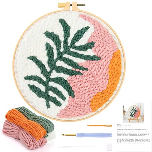 JSRQT Stanznadel Set Blätter für Anfänger, Stanznadel Stickerei Starter Set für Erwachsene, Teppich Haken Anfänger Sets mit Blattmuster, DIY Punch Needle Starter Set mit Nadel und Faden, Stickrahmen