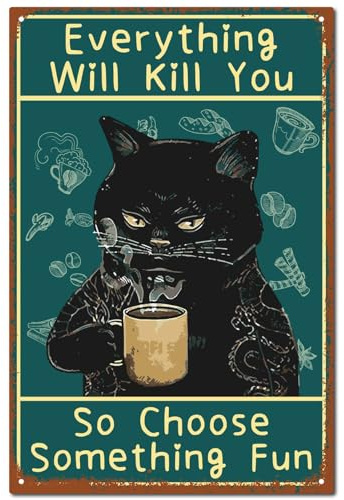 CREATCABIN Cat Coffee Retro Metal Sign Vintage Tin Sign Funny Cat Poster Retro Painting Plaque Iron Wall Decor Art Mural Hanging Decorative for Cafe Office Restaurant Home Bathroom 12x8 Inch