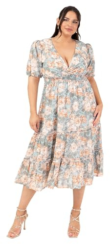 Lovedrobe Women's Women's Ladies Midi Dress V-Neck Short Puff Sleeve Wrap Shirred Waist Floral Print Ruffle Fit and Flare Wedding Guest Dress (Pack of 1)
