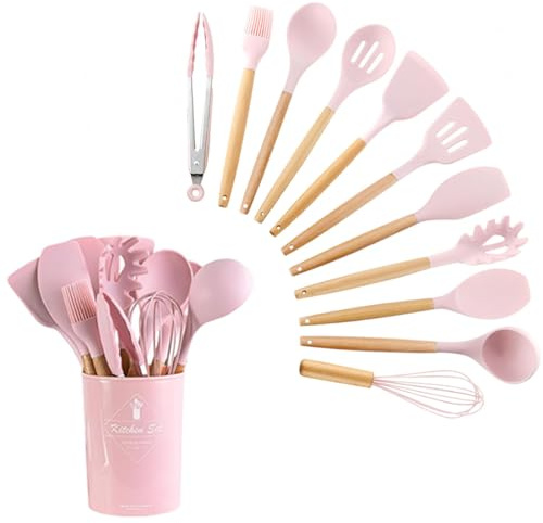GJIE Lot de 12 ustensiles de cuisine en silicone avec poignée en bois, résistants à la chaleur, antiadhésifs, pinces, spatules, cuillères, passent au lave-vaisselle, meilleurs ustensiles de cuisine