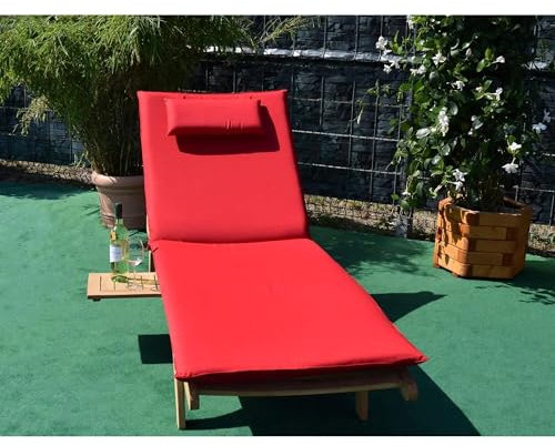 Teako Design Gartenliege Teak Görz Massivholz Wetterfest, Ergonomische Teakholz Liege, für Außenbereich geeignet, inklusive Auflagen, Terassenmöbel, Gartenzubehör (rot)