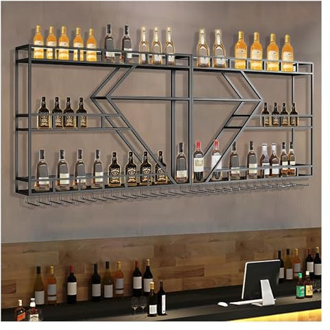 Industrielles Weinregal Wand, Großes Bar-Weinregal Mit LED-Leuchten, Flaschenhalter Wand, Weinregal Hängend, Weinflaschenhalter, Weinhalter, Weinständer, Barregal, Schnapsregal, Bar Regal Wand(Black,1