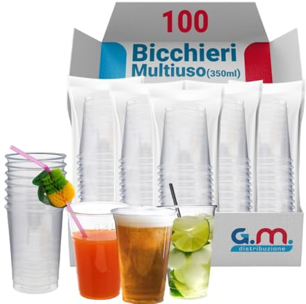 G.M. DISTRIBUZIONE 100 Bicchieri da 350 Ml Trasparenti in PP Riutilizzabile, Lavabili, per Cocktail, Birra, Granite, Frappe, Bicchieri Multiuso per Bar e Lounge Bar