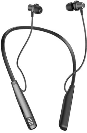 SOPPY Casque tour de cou - Bluetooth 5.4 - Écouteurs intra-auriculaires sans fil avec affichage LED - Écouteurs de sport Bluetooth pour la course à pied - 80 heures d'autonomie - Réduction du bruit