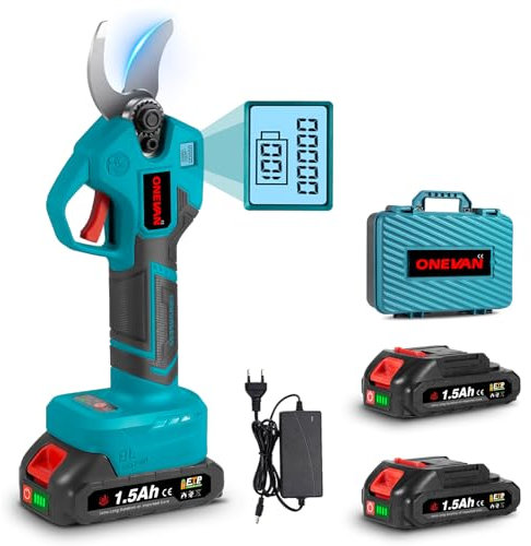 ONEVAN Troncarami a batteria, diametro di taglio 30 mm, 4 marce, cesoie elettriche senza spazzole con 2 batterie da 1500 mAh, display LCD e lame SK5, cesoie a batteria per giardino e alberi