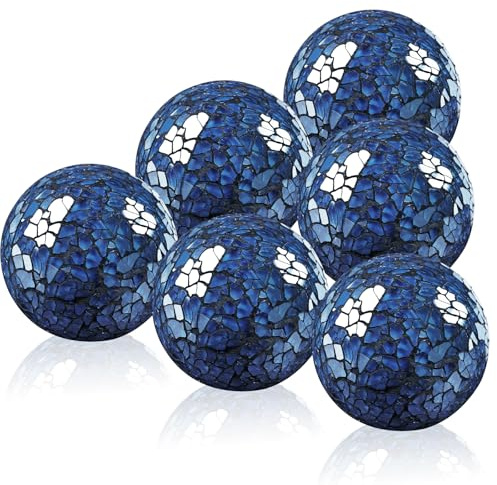 Yazikisa 2.5 Inch Glass Balls Decorative for Bowl Blue 6 PCS Mosaic Crack Orbs Set Solid Round Sphere Globe Vases Filler Coffee Table Holiday Ornaments Mantle Decor Modern