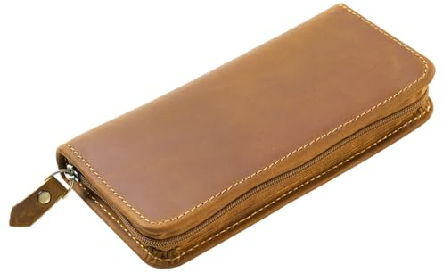 Füllfederhalteretui aus Rindsleder, Vintage-Stil, Crazy Horse, Leder, quadratisch, Reißverschluss, Stifteetui, Quittungstasche, Aufbewahrungsbox, Geschenkwahl für Mann/Frau/Büro, braun, Minimalistisch
