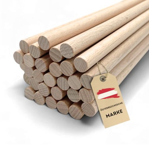 EV® Rundholz 30cm - 30 Stück mit 10mm Durchmesser - Made in Austria - Premium Holzstäbe zum Basteln, Gedrechselt aus Hochwertigem Buchenholz