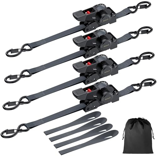 Justech 4X Selbstaufrollende Spanngurte (2.5cm Breite + 3.5m Lang + 320kg Bruchfestigkeit Automatik Spanngurt Spanngurtaufroller Spanngurtwickler Einziehbare Spanngurte mit Ratsche für LKW usw