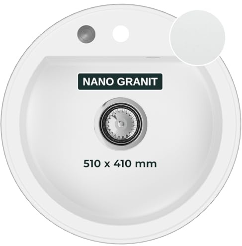 SINK QUALITY Spülbecken Rund Weiß Ø 51 cm - Siphon mit Druckknopf und Imprägniermittel inkl. - Küchenspüle Rund aus Granit - Granitspüle für Unterschränke ab 55 cm Breite - Einbauspüle Granit