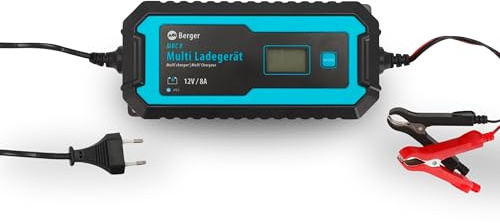 BERGER Multi Batterie Ladegerät MBC | 12V Ladegerät für Autobatterie mit LCD-Display & Schutzfunktionen | Vollautomatisches Batterieladegerät | Für AGM, Gel, Wet, MF, Blei-Säure | IP65 (MBC 8)