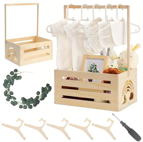 Holz Baby Geschenk Korb - Holz Babyparty Kiste Schrank mit Griff 10 Kleiderbügel und 1 Dekorationskranz, Mehrzweck Babyparty Geschenkkorb für Geburtstage Weihnachten Neue Eltern Babypartys(Regenbogen)