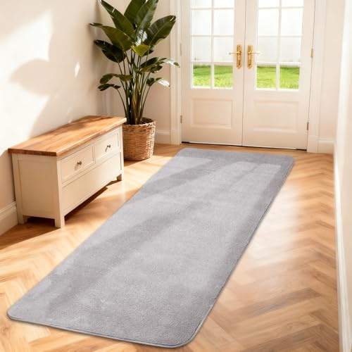 Teppich Läufer Flauschiger Kurzflor, Wohnzimmerteppich, 60X120, Hellgrau | Kleiner Matte Flur Teppiche Schlafzimmer, Einfarbiges Bettvorleger Rutschfest für Deko/Küche/Eingang/Kinderzimmer