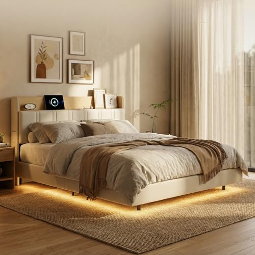 BRILVERDE Polsterbett 140x200 mit LED, Platformbett mit USB, Funktionsbett mit Kopfteil, Schwebebett mit Lattenrost, PU (Weiß Flache Eiche, 140 x 200 cm)