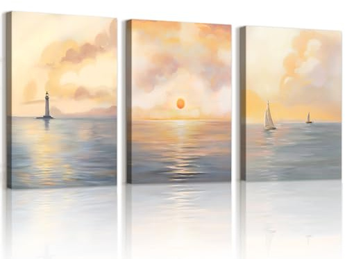 WENGTIAO 3 Pezzi Stampa su Tela Oceano Alba Incorniciato 40x60cmx3 | Quadro su Tela Faro Barca a Vela in Mare Paesaggi Murali per Quadri Moderni Soggiorno Camera da Letto Decorazioni Parete