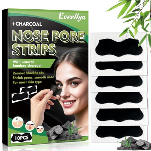 Eveellyn Lot de 10 Bandes Tire-Comédons au Charbon de Bambou Naturel, Pour Enlever les Points Noirs et Libérer Les Pores Obstrués, Pour Hommes et Femmes