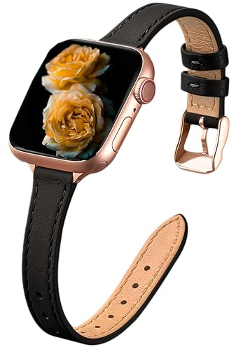 Smidigt Äkta Läderarmband Kompatibelt med Apple Watch Ultra3/2/1 SE3/2/1 Series11/10/9/8/7/6/5/4/3/2/1, Smalt Top Grain Läderband för 38/40/41/42/44/45/46/49 mm - Svart
