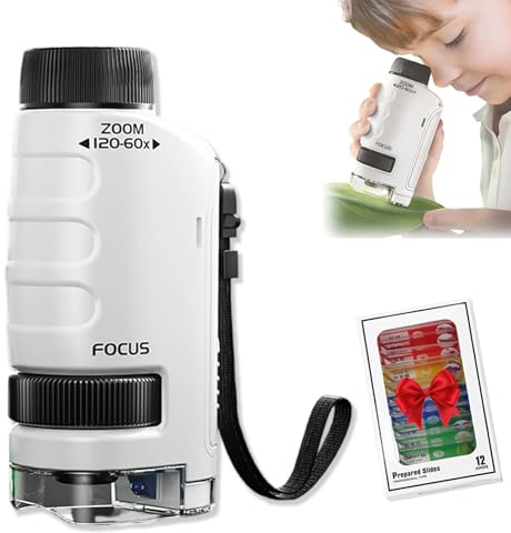 Microscope Enfant Portable, 2026 Nouveau 60-120X Microscope de Poche Portable, Petitscope de Poche Enfant Partir de 3 Ans, 12 Verre Portable Jouet Scientifique Éducati 4-16 Ans (C)