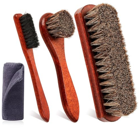 Ufdeoton 4tlg Schuhbürsten Set 100% Rosshaar Schuhputzset Rosshaarbürste Buchenholzgriff Auftragsbürste Poliertuch Lederpflege für Schuhe, Stiefel und Sneaker