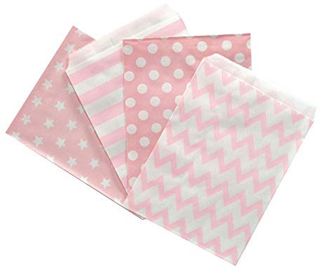 Frau WunderVoll® 100 PAPIERTÜTEN IM Set 26, 4x25 Stück: rosa Sterne, rosa Streifen, rosa Punkte, rosa Zacken 13x16,5cm, 45Gramm Papier, flach/Hochzeit, Papiertütchen, Mitgebseltüten