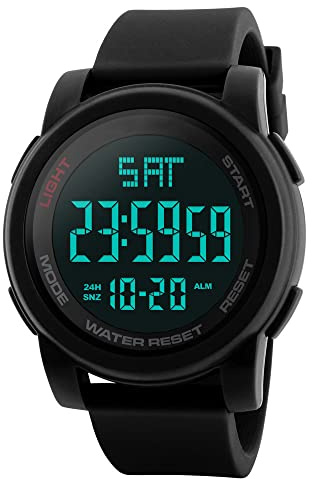 FeiWen Grande Número Digitales Deportivo Relojes de Hombre Outdoor Militar 50M Impermeable LED Electrónica Multifuncional Plástico Bisel con Goma Correa Reloj de Pulsera, Negro
