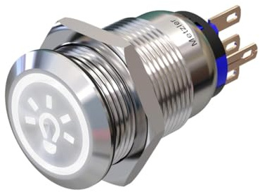 Metzler - Druckschalter 19mm - LED Symbol Licht 230 V Weiß - IP67 IK10 - Edelstahl - Flach - Lötkontakte