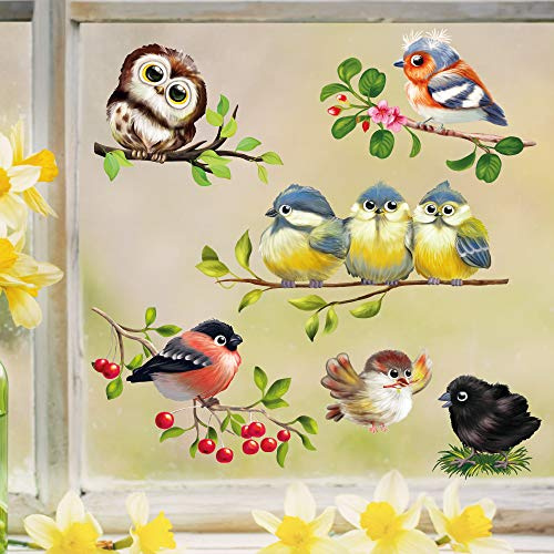 Wandtattoo Loft Fensterbilder Frühling mit 6 Vögel Motiv - A3 Bogen, Wiederverwendbar - Fensterdeko für Kinderzimmer, Fensterfolie Selbstklebend