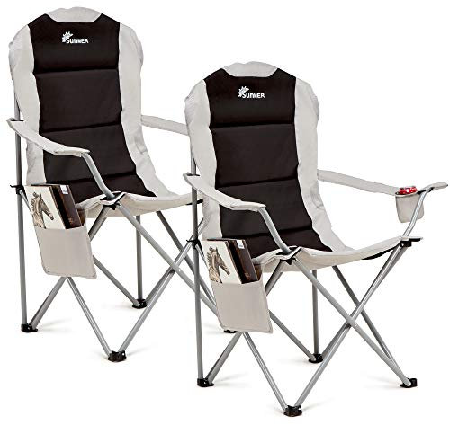 SUNMER Padded Camping Chairs - Set of 2 Deluxe Folding Chairs with Cup Holder and Side Pockets, Holds up to 120kg - Lightweight 3.3kg per Chair - Black & Grey