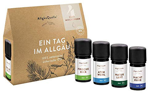 AllgäuQuelle – BIO Duftmischungen ätherische Öle 4er Set EIN TAG IM ALLGÄU | 4 x 5 ml | 100% naturreine ätherische Öle in 4 Duftmischungen | für Diffuser und Duftlampe
