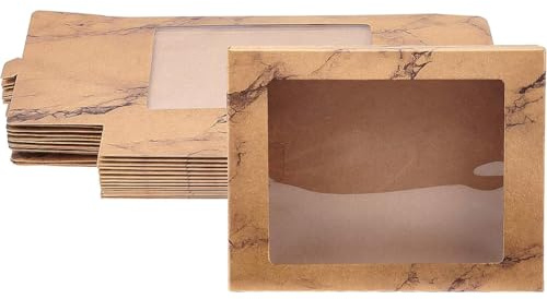 BENECREAT 15 Packungen 17.5x13.5x3.5cm Marmorbraunes Kraftpapier Backkarton Mit Durchsichtigem PVC Fenster Geschenkbox Für Anderes Kunsthandwerk