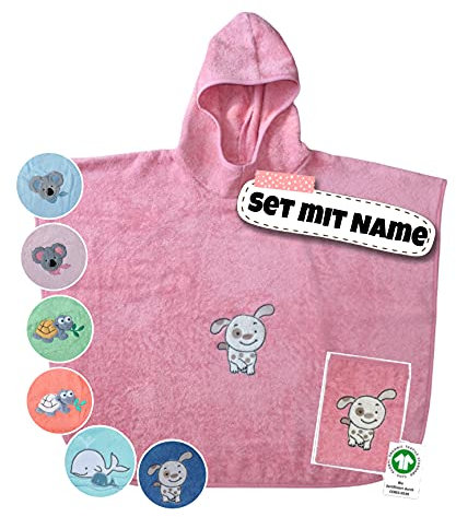 Stickling Set Kinder Poncho + Waschlappen personalisiert | 100% Bio Baumwolle | personalisiert mit Namen | Baby Kapuze Bademantel | Badeponcho | Kinder Badetuch | bis 7 Jahre (Hund Koralle)