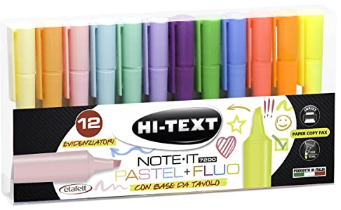 Hi-Text Evidenziatori 27200HF012SA NOTE-IT desk trasparente 12 evidenziatori punta scalpello colori pastello e fluo