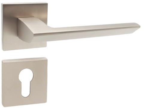 Domino Maniglia per porta con cilindro profilato quadrato Set con rosetta Türklinke per porta della camera, porta dell'ufficio, porta del seminterrato e porta interna in alluminio satinato nichelato