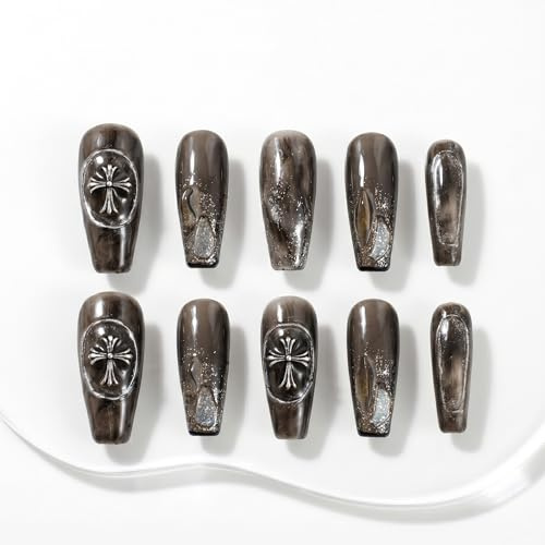 Sun&Beam Nails Handmade Press-On Nails Long Ballerina Schwarz (#003 M) | Schwarz mit silbernen Kreuzdetails, Smoky-Marmor und Glitzerakzenten im 10-teiligen Set