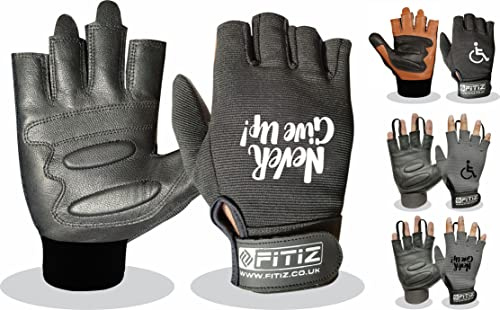 FITIZ Rollstuhlhandschuhe Echtleder Handfläche Handschuhe Mobilität Gepolsterte Handschuhe Atmungsaktive, Fingerlose Fahrradhandschuhe mit Anti-Rutsch-Griff, leichte Fahrradhandschuhe