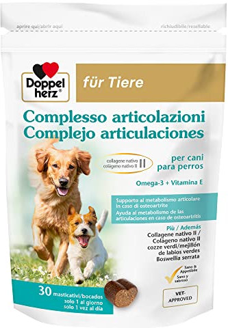 Doppelherz Complesso Articolazioni per Cani, Supporto al Metabolismo Articolare in Caso di Osteoartrite, con omega-3, collagene, polvere di cozze, Boswellia serrata e vitamina E, 30 Masticativi