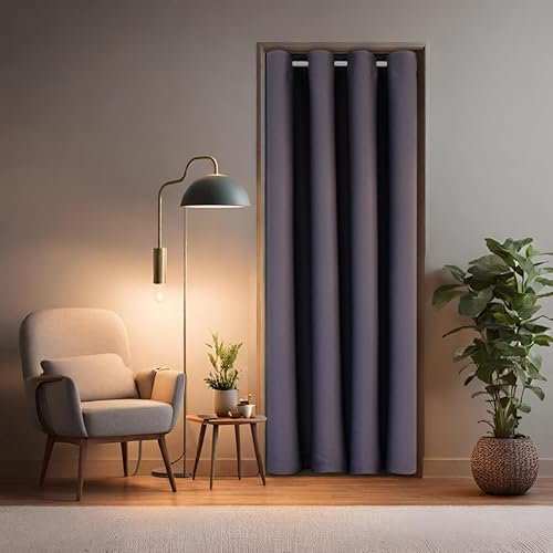 tinycurtains, Thermo Türvorhang mit Teleskopstange, einfache Montage in nur 1 Minute ohne Bohren (Türgardine grau H200 x B150 cm + Stange weiß B55-90 cm)