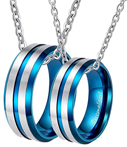 Bishilin Partnerkette mit Wunschgravur, Pärchen Halskette Ringe 8MM Bicolor Matt Charms Anhänger Kette Silber 60CM