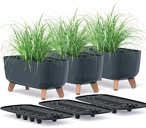 EDANTI Blumentopf Set x3 Pflanztöpfe Kunststoff mit Füßen Pflanzkübel mit Pflanzeinsatz Gracia CASE 39 cm Pflanzkübel Blumenkübel Pflanzentopf (Anthrazit)