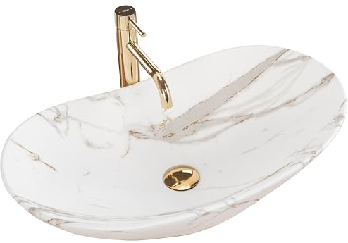 Rea - Lavabo Da Appoggio Royal Lava Mat Lavandino Bagno 605 X 360 X 160 mm Ceramica (Bianco, Imitazione Marmo)