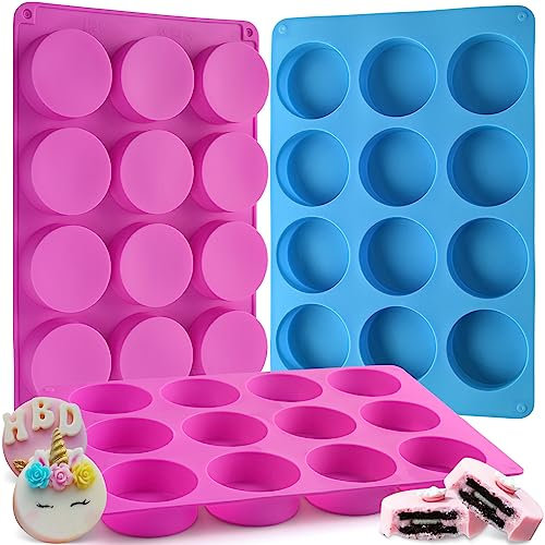Sakolla 3 Pcs Round Chocolate Cookie Molds, 12-Cavity Cylinder Silicone Molds for Chocolate Covered Oreos, Cake, Candy, Pudding, Mini Soap (2 Rose Red+1 Blue)