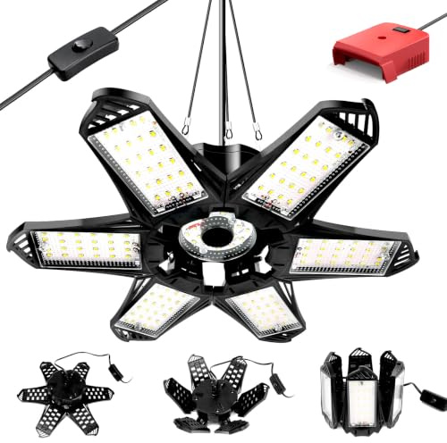 LIVOWALNY LED Work Light Compatible with Milwaukee 18V Battery, 68W 6800LM LED Garage Flood Lights with 6+1 Deformable Panels, Battery Powered Pendant Ceiling Light for Shed Workshop Garage Home