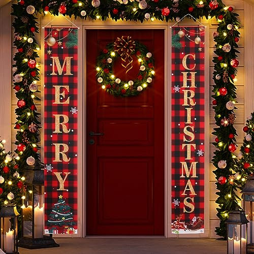 2pz Insegna Natalizia Portico Anteriore, Striscione Natalizio Plaid Rosso Nero Insegna Portico Buon Natale Striscioni Porta Natalizi Decorazioni Natalizie per Interni Esterni Portico Anteriore